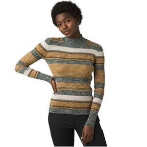 Striped Ribbed Mock Neck Sweater - Mustard/Gray/White